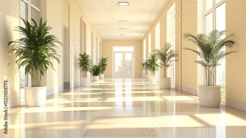 Obraz na płótnie Bright and Spacious Corridor with Potted Plants and Natural Light w salonie