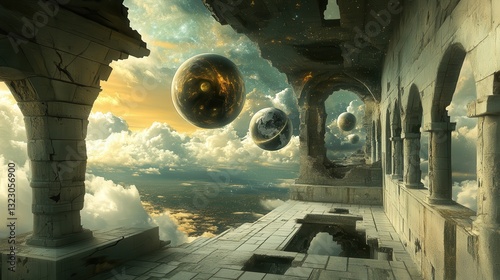 Ancient Ruins Atop Clouds With Celestial Spheres