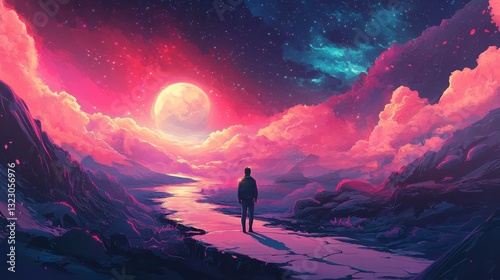 A Solitary Figure Contemplates A Surreal Pink Landscape