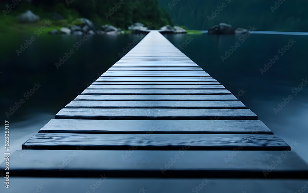 Fototapeta premium A serene wooden dock extending into a calm, reflective lake surrounded by lush greenery.