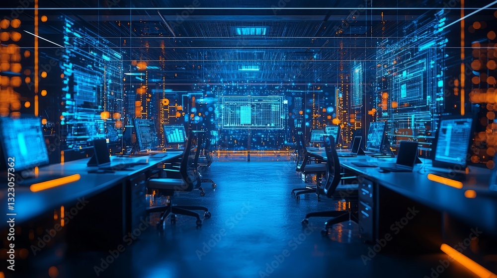 Futuristic Data Center with High-Tech Computers and Digital Visualization