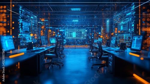 Obraz na płótnie Futuristic Data Center with High-Tech Computers and Digital Visualization w salonie
