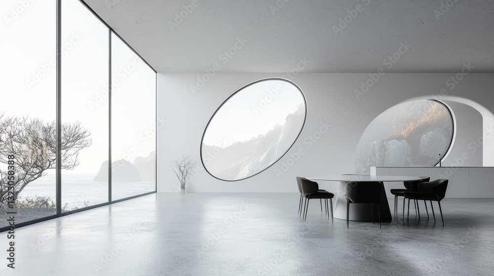 Modern Minimalist Interior with Ocean View and Artistic Window Design