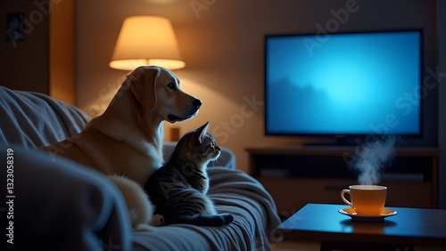 Dog and cat watching tv