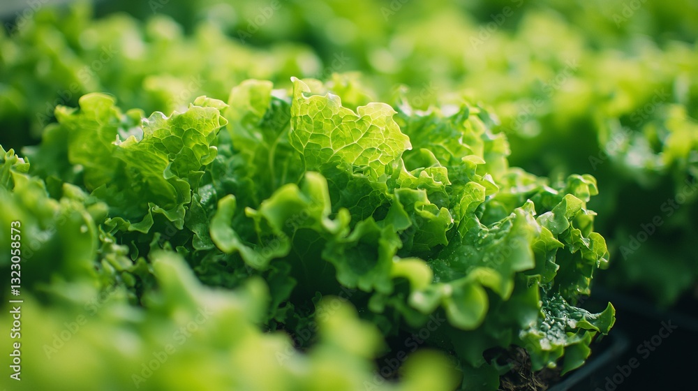 Fresh Green Lettuce Growing in Rows at Organic Farm or Garden Center
