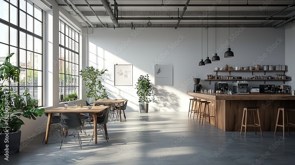 Modern minimalist coffee shop interior with bright natural lighting