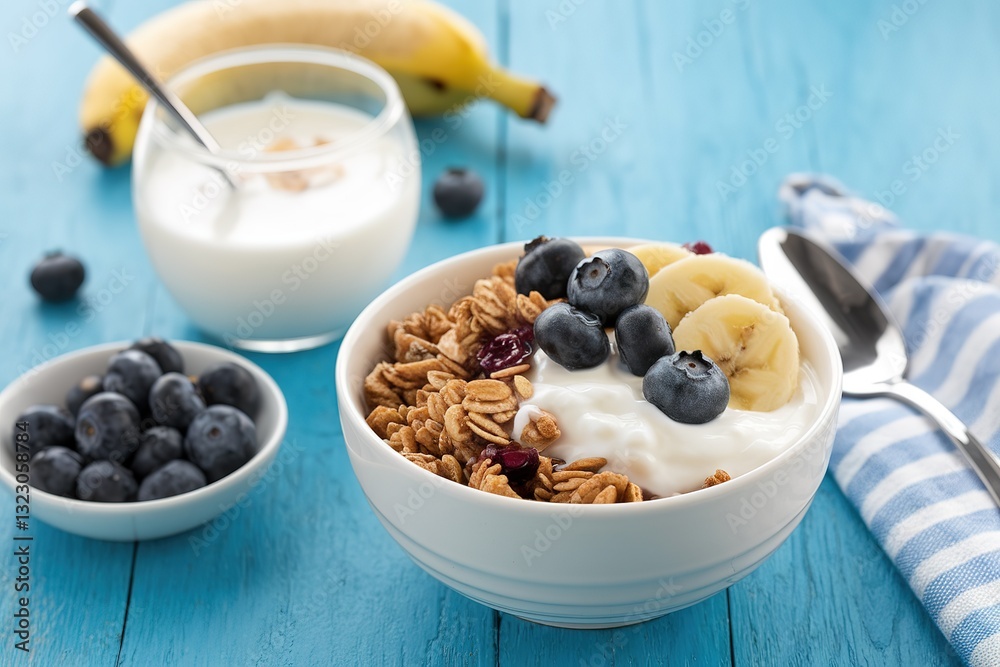 Granola bowl with yogurt, blueberry and banana Granola bowl with yogurt, blueberry and banana