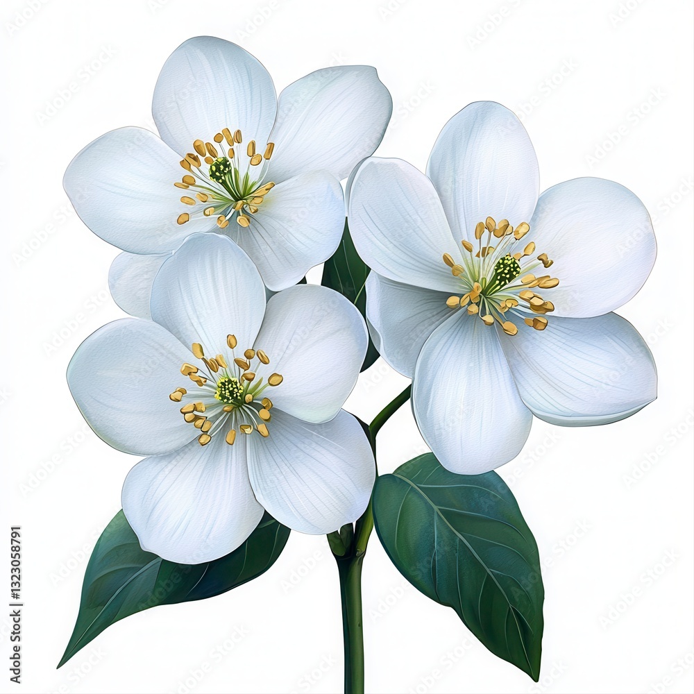 Obraz premium Three Delicate Light Blue Flowers with Green Leaves on White Background