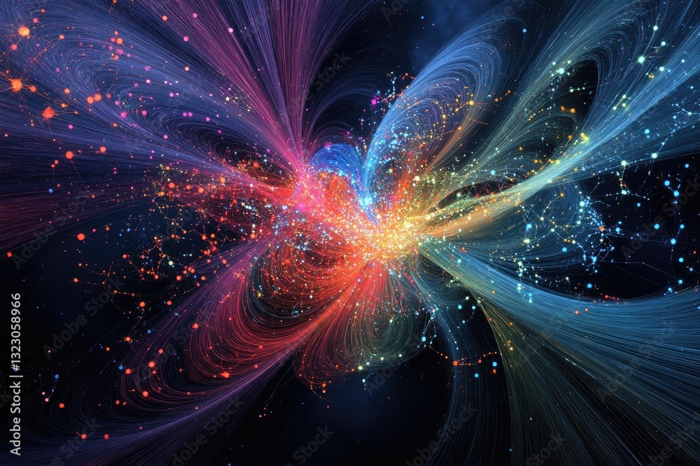 Naklejka premium Abstract swirling light, colorful streaks, glowing dots.