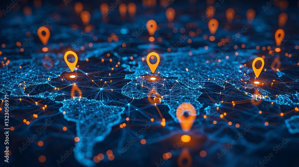 Abstract Digital World Map with Location Pins and Network Connections