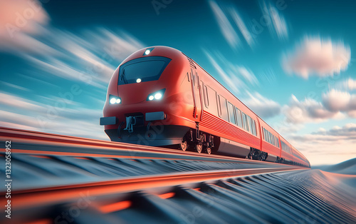 A vibrant red train moves quickly along the tracks, showcasing modern transportation in a dynamic landscape.