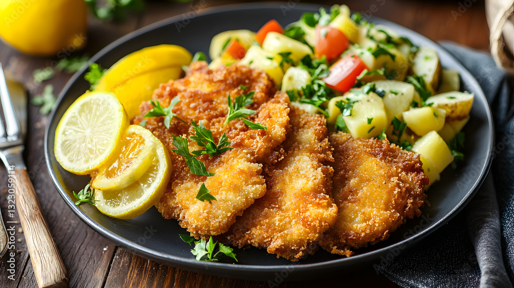 Delicious Breaded Fried Pork Schnitzel Served with Fresh Salad and Lemon Slices on a Dark Plate Delicious Breaded Fried Pork Schnitzel Served with Fresh Salad and Lemon Slices on a Dark Plate