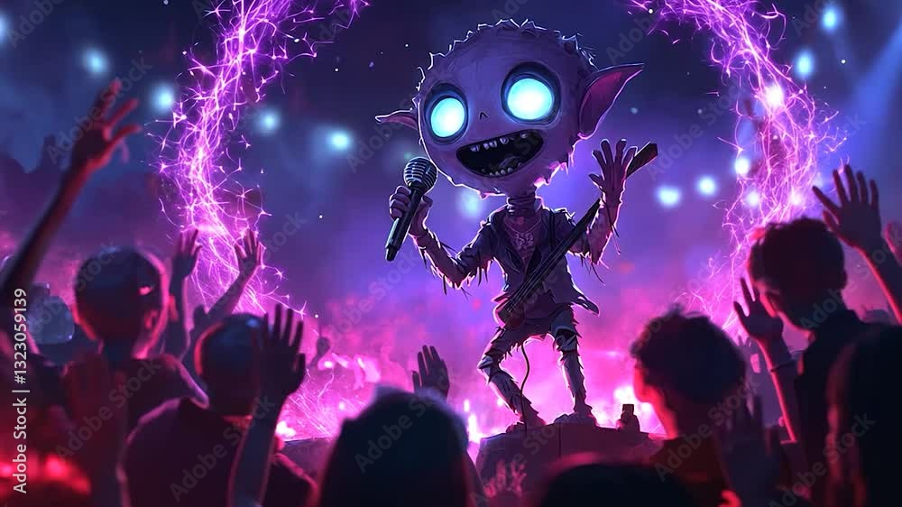 A whimsical animated character performs on stage with vibrant lights and an excited crowd