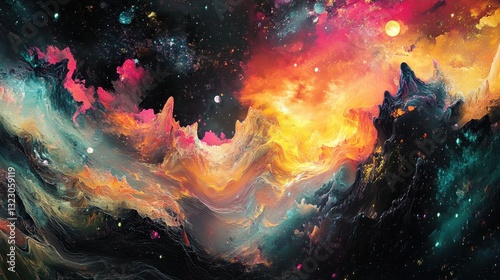 Cosmic Landscape Abstract Painting of Vibrant Nebula and Mountains