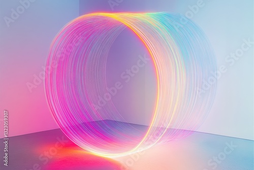Low angle, Abstract Colorful Ring shape on Corner. Neon lights, Futuristic design, Technology, Glow, Gradient, Vibrant, Modern Art, 3D Rendering.