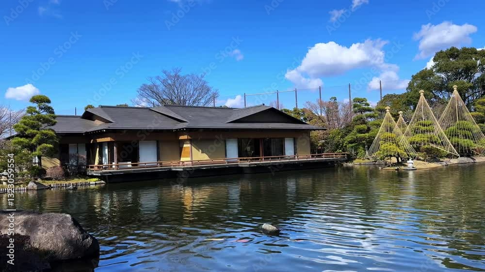 Peaceful Japanese garden with traditional architecture and scenic pond view Peaceful Japanese garden with traditional architecture and scenic pond view