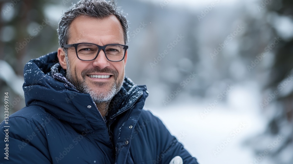 Man in a winter coat, smiling in a snowy mountain landscape. Man in a winter coat, smiling in a snowy mountain landscape.