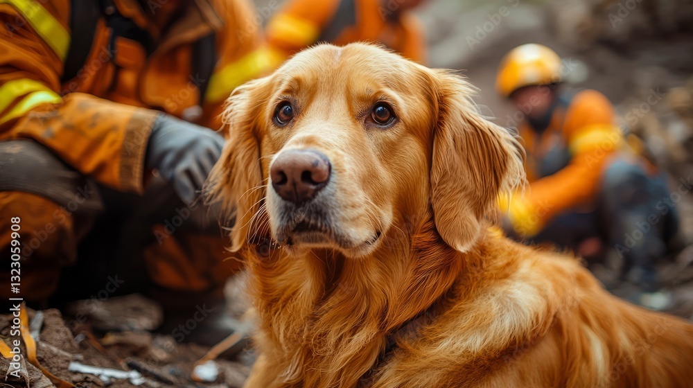 Golden Retriever with Firefighters in Wildfire Rescue Operation Scene