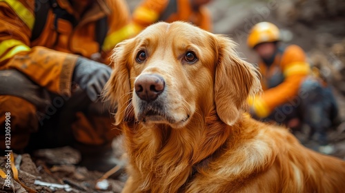 Obraz na płótnie Golden Retriever with Firefighters in Wildfire Rescue Operation Scene w salonie