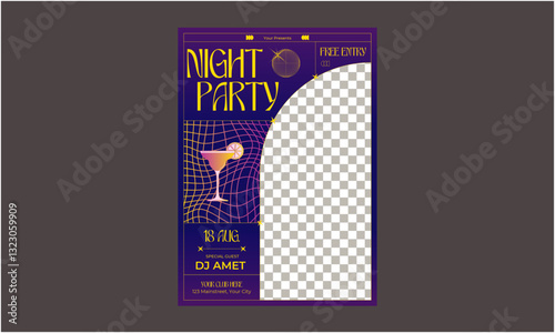 Night Party Flyer. Cocktail Party. Nightclub. Typography design. Set of flat vector illustrations. Poster, label, cover.
