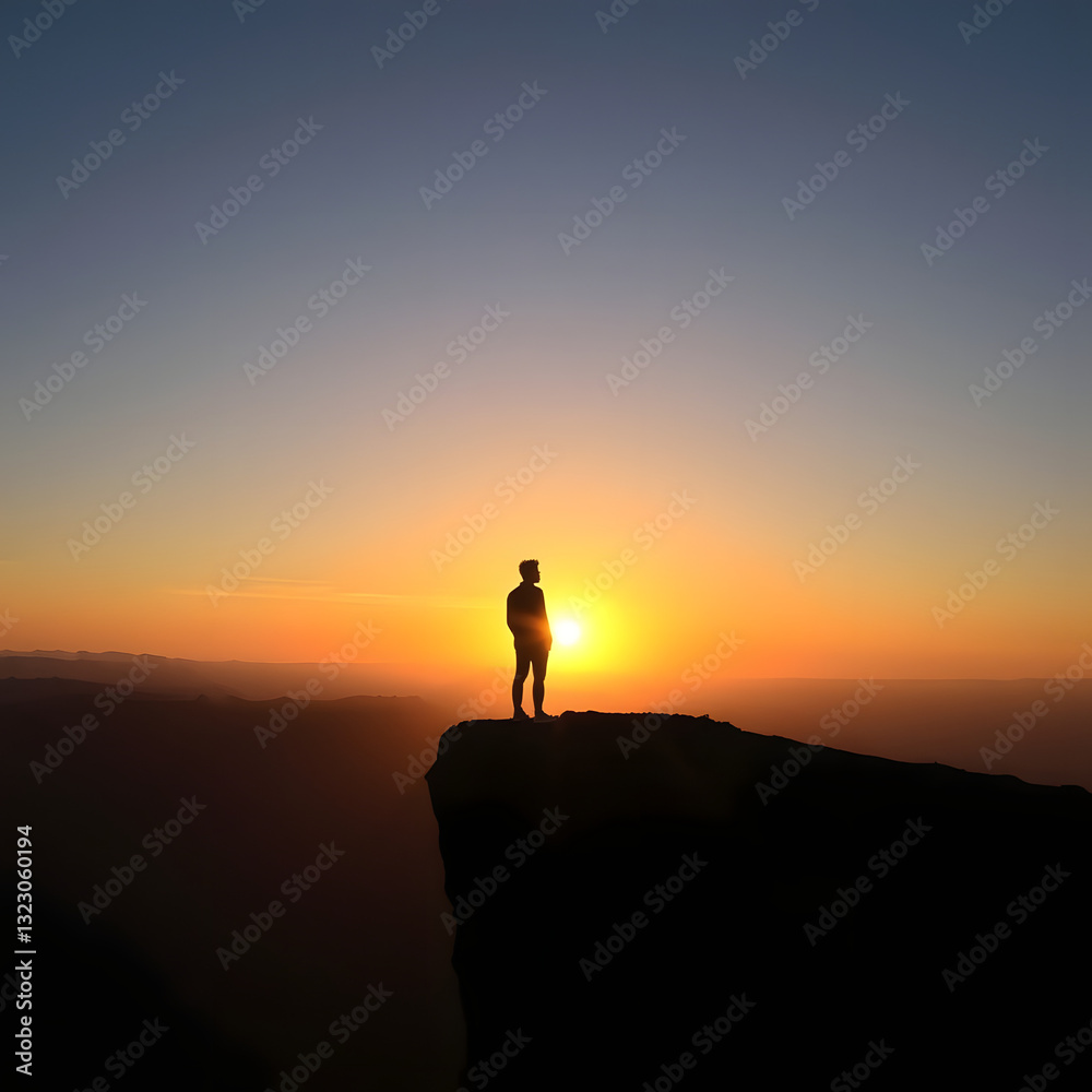 Obraz premium Silhouette of a Person Standing on a Cliff at Sunrise