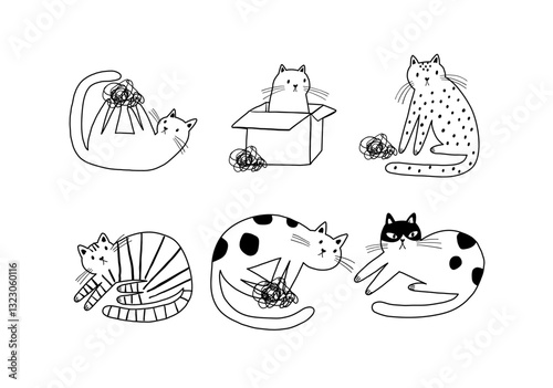 Cute funny cats iillustration. Playful funny kittens playing in funny poses. Flat vector illustration on white background in doodle style