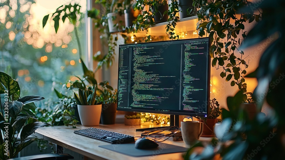 Cozy Workspace with Computer Surrounded by Lush Green Plants at Sunset