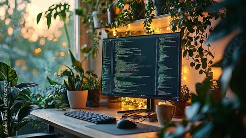 Obraz na płótnie Cozy Workspace with Computer Surrounded by Lush Green Plants at Sunset w salonie