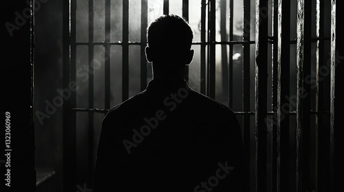 Rear view of man's dark silhouette in dim prison cell amid political struggle