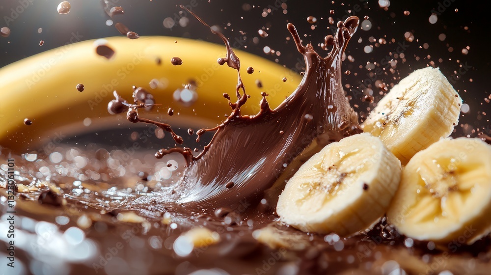 Fresh Banana Slices Falling into Rich Chocolate Splash with Motion Effect