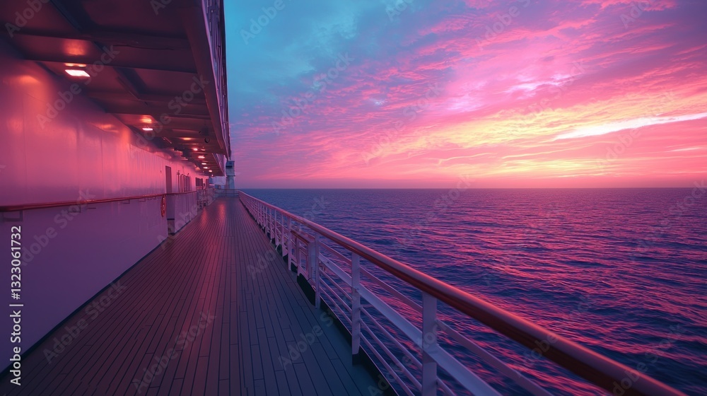 Serene Evening on Cruise Ship Deck with Vibrant Sunset Over Calm Ocean
