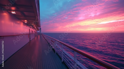 Serene Evening on Cruise Ship Deck with Vibrant Sunset Over Calm Ocean