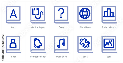 A set of 10 micro icons as book, medical report, query