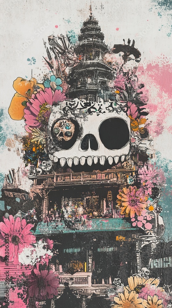 Obraz premium Day of the Dead Pagoda: A Floral Skull Collage