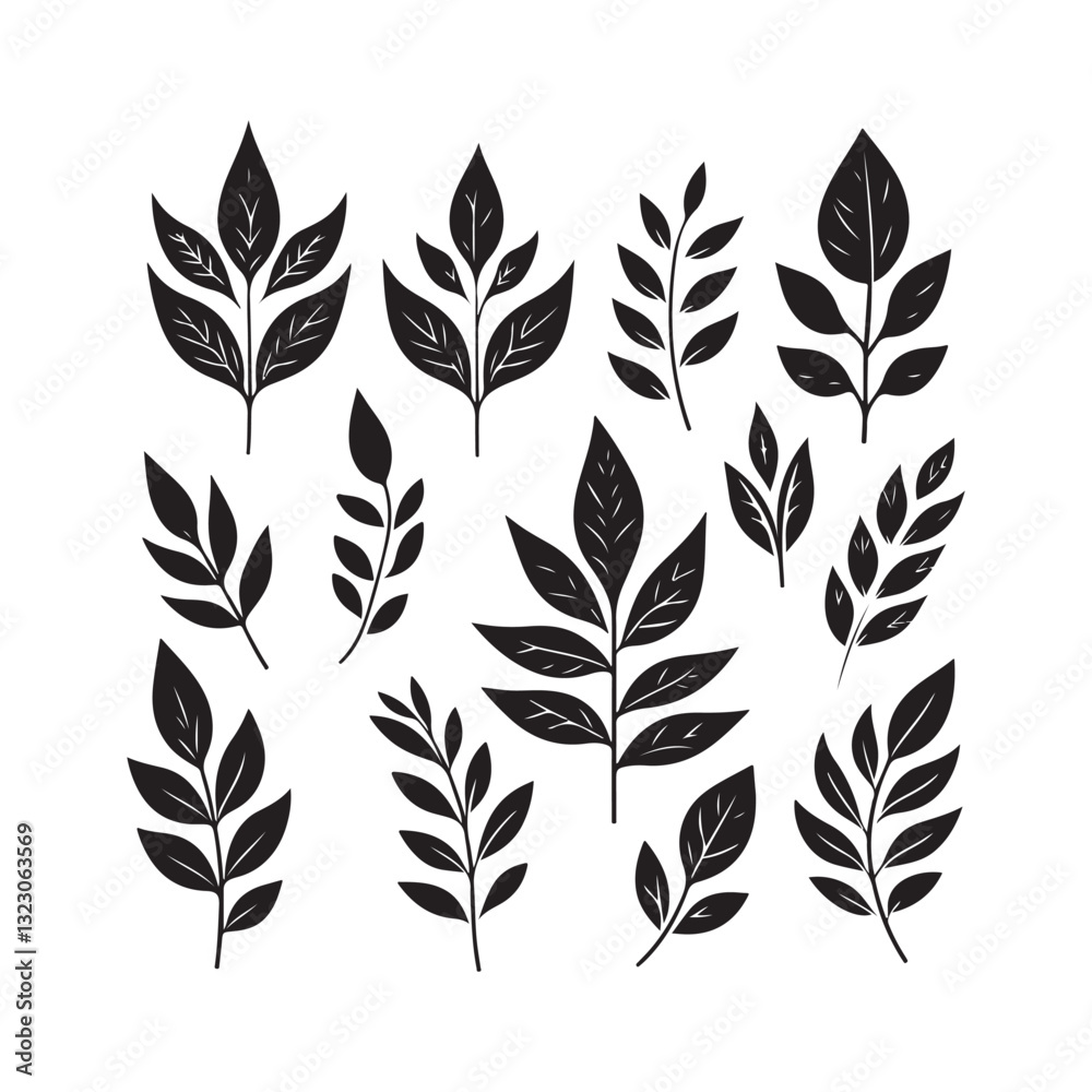 Fototapeta premium Set of tree leaves silhouette vector illustration on white background.
