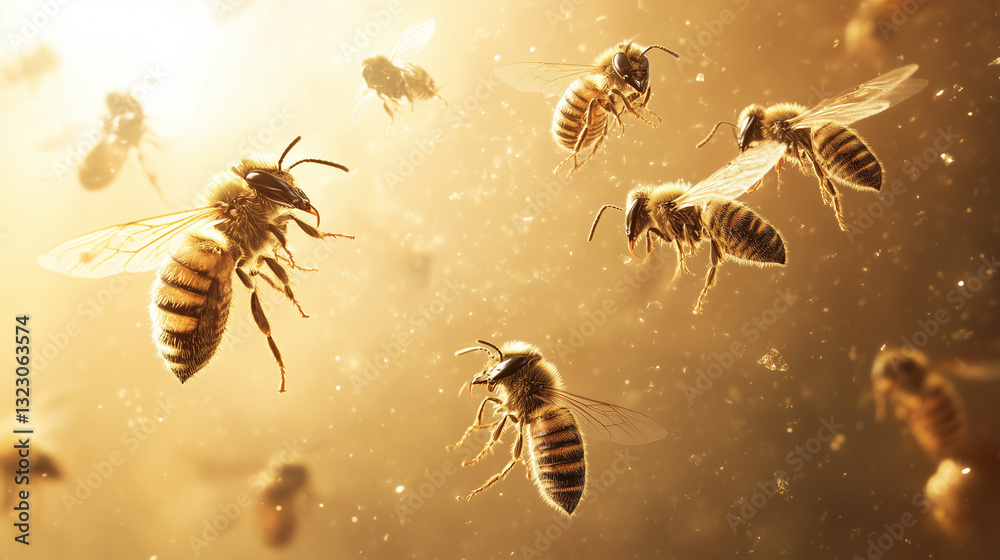 Golden Buzz: A swarm of honeybees, captured mid-flight, bathed in warm sunlight, creating a dynamic display of nature's industriousness. Golden Buzz: A swarm of honeybees, captured mid-flight, bathed in warm sunlight, creating a dynamic display of nature's industriousness.