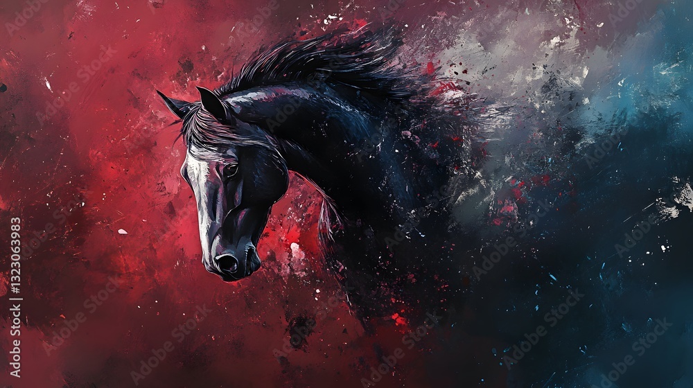 Abstract Black Horse Portrait with Red and Blue Splashes Abstract Black Horse Portrait with Red and Blue Splashes