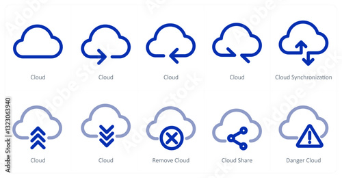 A set of 10 micro icons as cloud, cloud synchronization, remove cloud