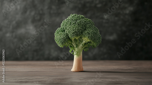 Broccoli on Table: A fresh, vibrant broccoli head stands upright on a wooden surface. The dark background complements the vegetable’s green hues, making it the center of attention.