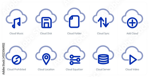 A set of 10 micro icons as cloud music, cloud disk, cloud folde