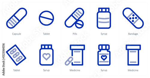 A set of 10 micro icons as capsule, tablet, pills