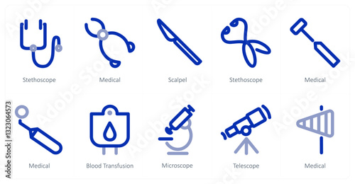 A set of 10 micro icons as stethoscope,  medical, scalpel