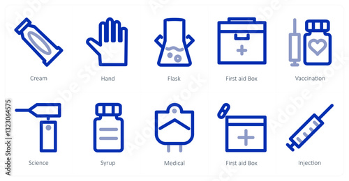 A set of 10 micro icons as cream, hand, flask