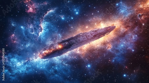 Damaged Alien Spaceship In A Colorful Nebula