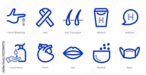 A set of 10 micro icons as hand bleeding, aids, hair transplant