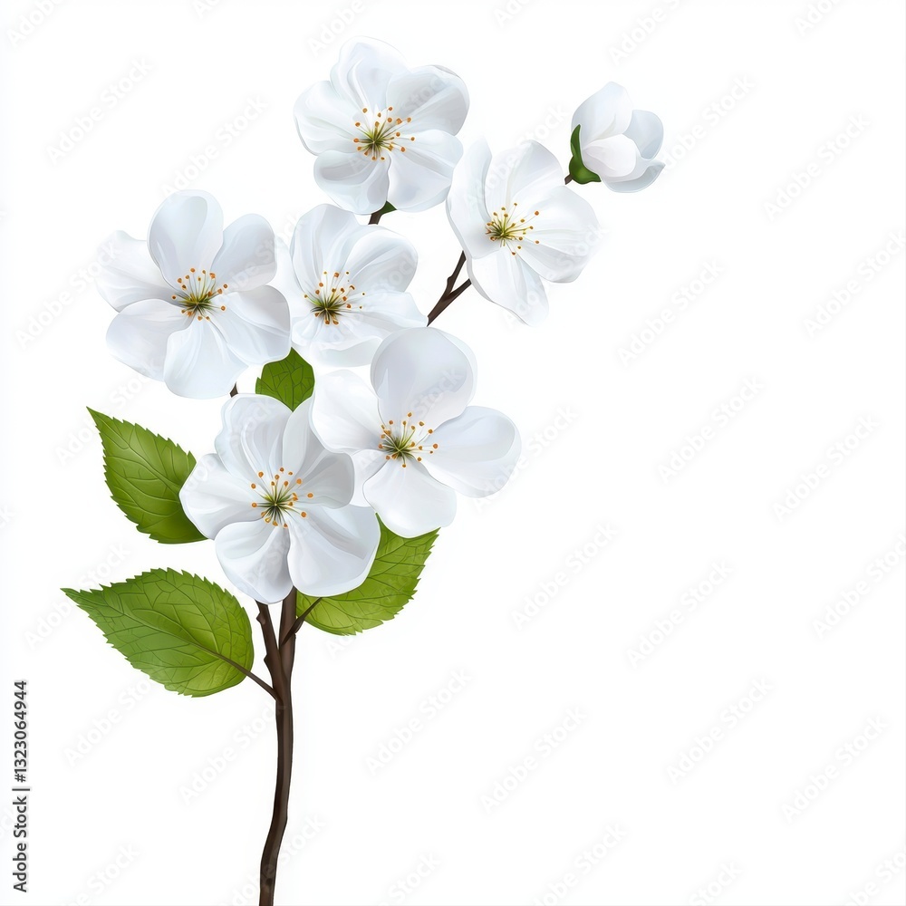 Obraz premium White Cherry Blossoms Branch Isolated on White Background