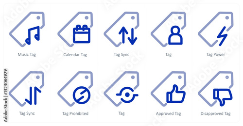 A set of 10 micro icons as music tag, calendar tag, tag sync
