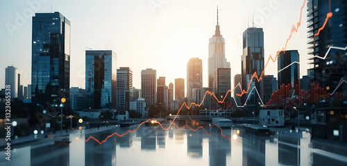 shanghai skyline at night with trading chart