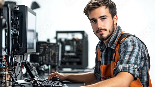 Urban tech specialist professional portrait at computer repair shop photo