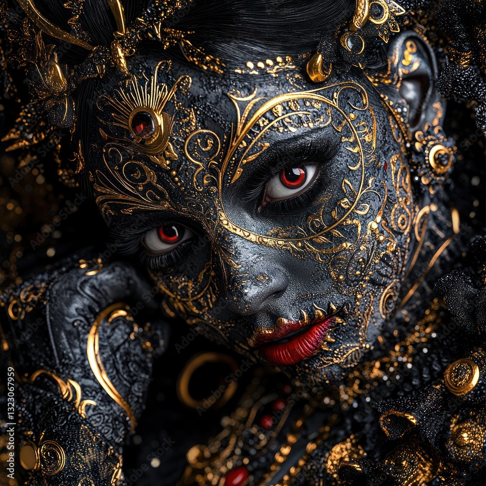Obraz premium Diablada Dancer at Carnaval de Oruro: Art Nouveau Poster with Golden Swirls and Andean Patterns in Red and Gold